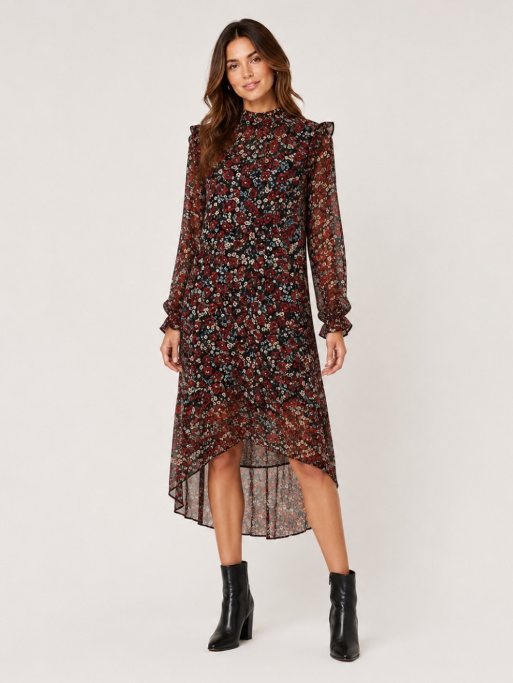 Missguided Black Floral Frill Neck High-Low Smock Dress Size 10